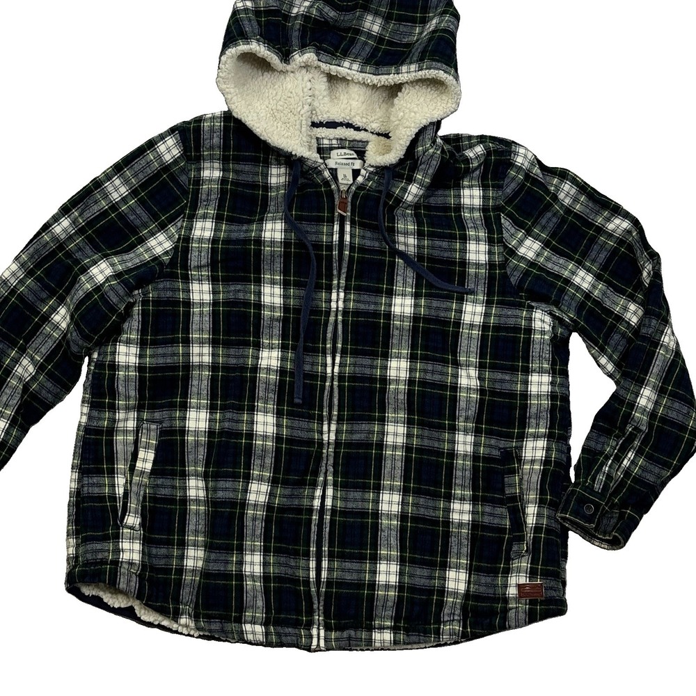 L.L. Bean Sherpa Lined Flannel Hoodie Womens XL Scotch Plaid Relaxed Fit 505453